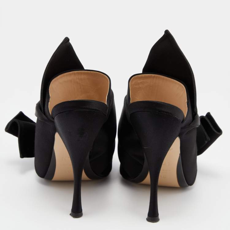 Pre Owned Nº21 Black Satin Raso Knot Peep Toe Slide Mules Size 40