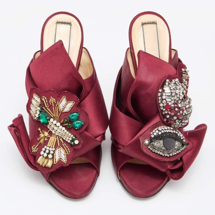 Pre Owned N21 Burgundy Satin Raso Knot Embellished Mules Size 39