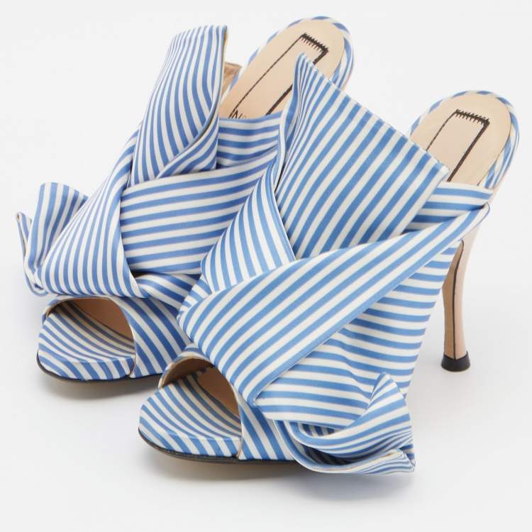 Pre Owned Nº21 Blue/White Stripe Satin and Leather Raso Knot Peep Toe Mules Size 36