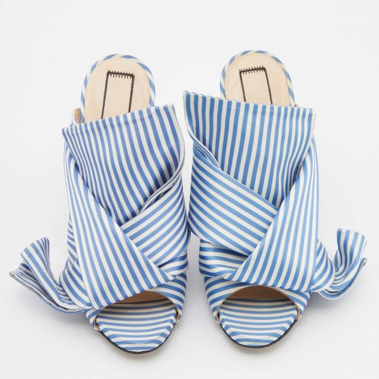 Pre Owned Nº21 Blue/White Stripe Satin and Leather Raso Knot Peep Toe Mules Size 36