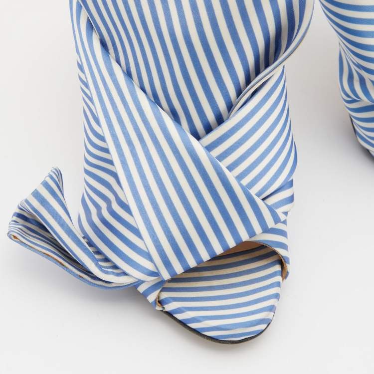 Pre Owned Nº21 Blue/White Stripe Satin and Leather Raso Knot Peep Toe Mules Size 36