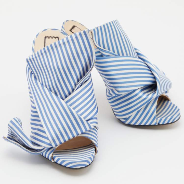 Pre Owned Nº21 Blue/White Stripe Satin and Leather Raso Knot Peep Toe Mules Size 36