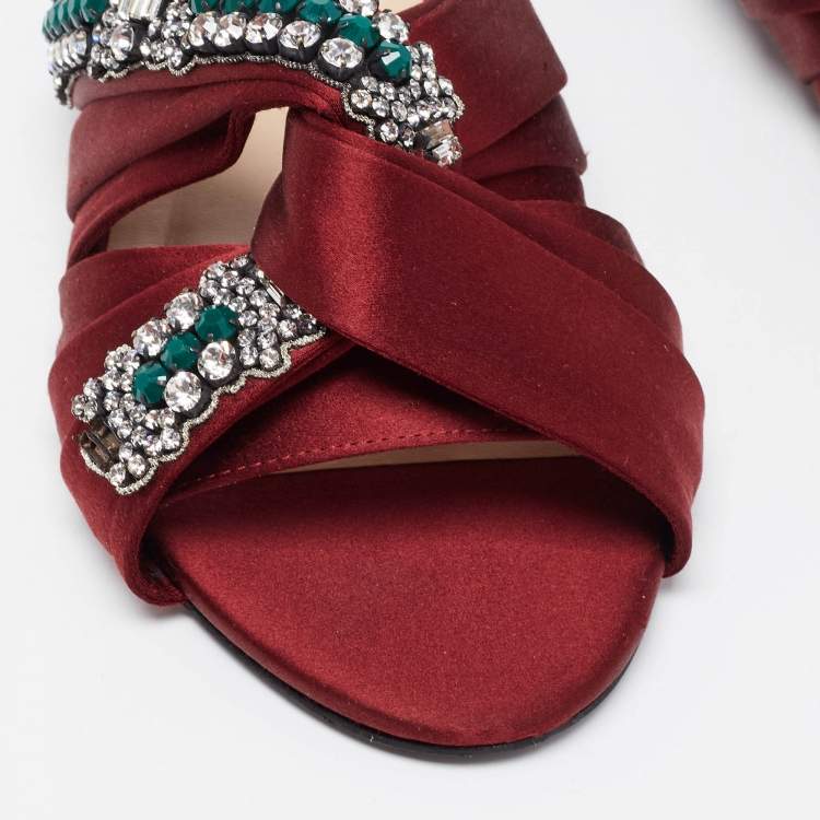 Pre Owned N21 Burgundy Satin Embellsihed Knotted Flat Slides Size 39