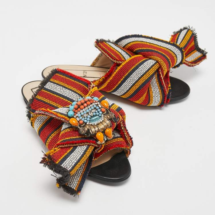 Pre Owned Nº21 Multicolor Embroidered Fabric Knot Flat Slides Size 39