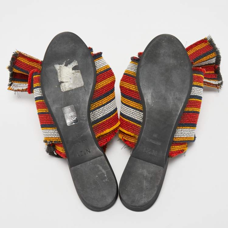 Pre Owned Nº21 Multicolor Embroidered Fabric Knot Flat Slides Size 39