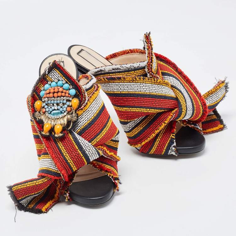 Pre Owned N°21 Multicolor Fabric Raso Knot Peep Toe Mules Size 38.5