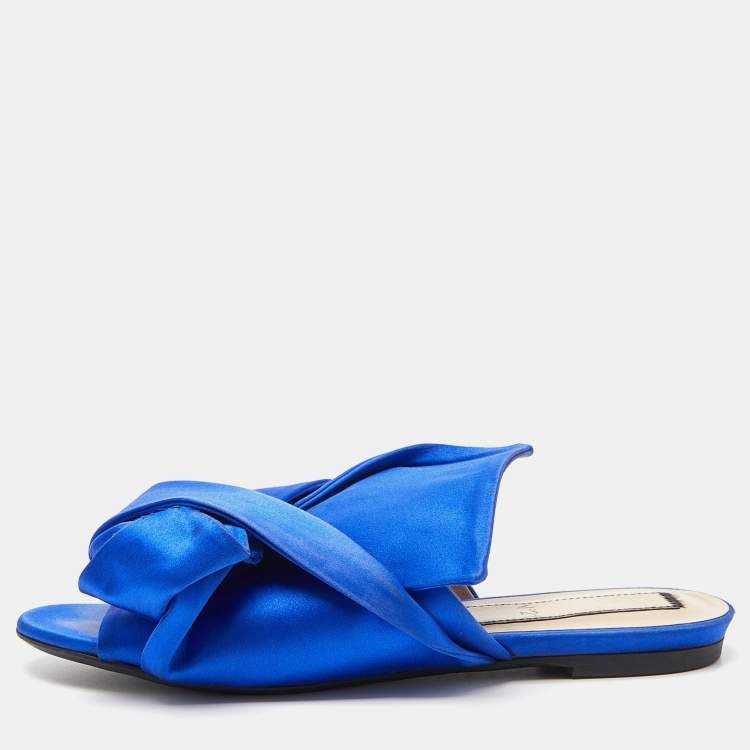 Pre Owned N21 Blue Satin Knot Flat Slides Size 38