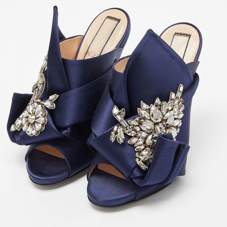 Pre Owned Nº21 Blue Satin Ronny Pleated Slide Sandals Size 38