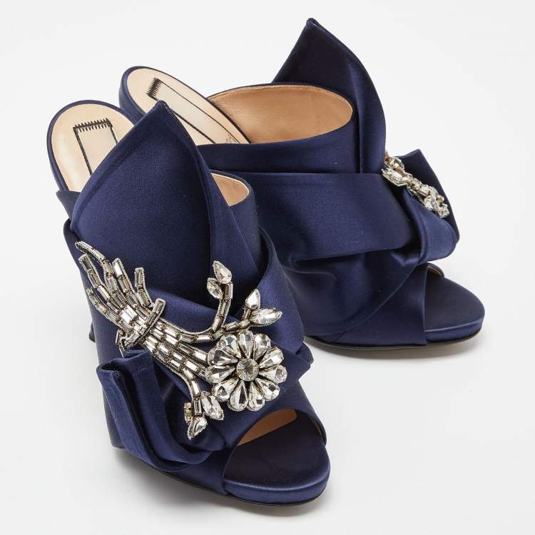 Pre Owned Nº21 Blue Satin Ronny Pleated Slide Sandals Size 38