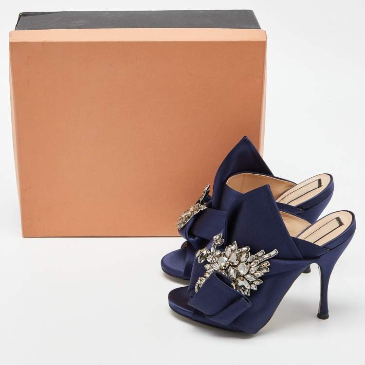 Pre Owned Nº21 Blue Satin Ronny Pleated Slide Sandals Size 38