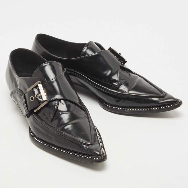 Pre Owned N21 Black Leather Crystal Embellished Buckle Loafers Size 38.5