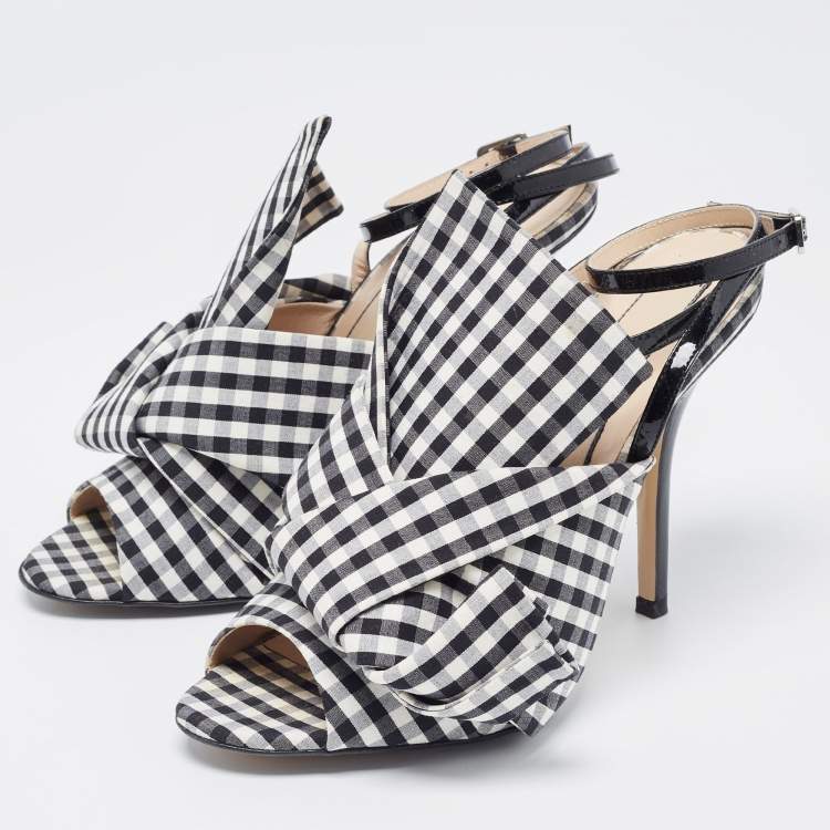 Pre Owned N21 Black/White Fabric Gingham Ankle Wrap Peep Toe Sandals Size 38.5