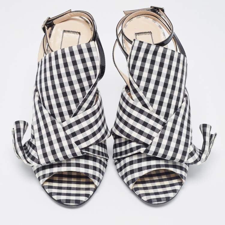 Pre Owned N21 Black/White Fabric Gingham Ankle Wrap Peep Toe Sandals Size 38.5