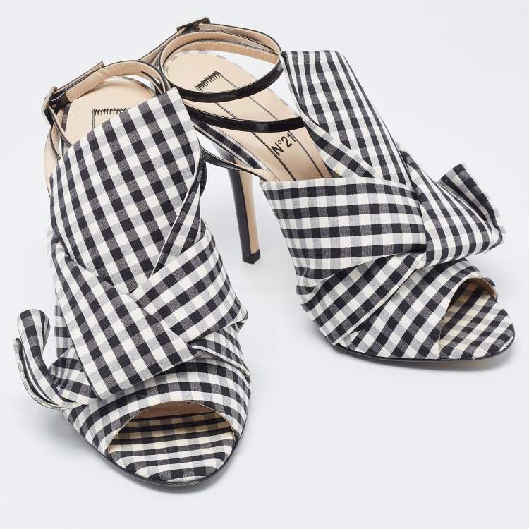 Pre Owned N21 Black/White Fabric Gingham Ankle Wrap Peep Toe Sandals Size 38.5