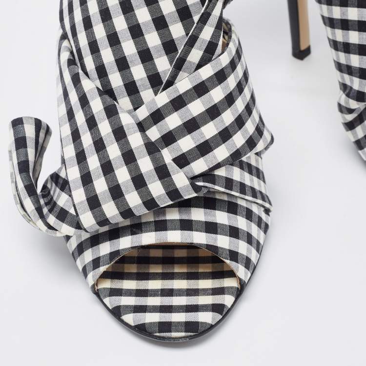 Pre Owned N21 Black/White Fabric Gingham Ankle Wrap Peep Toe Sandals Size 38.5