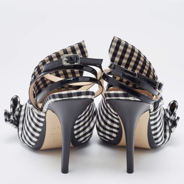 Pre Owned N21 Black/White Fabric Gingham Ankle Wrap Peep Toe Sandals Size 38.5