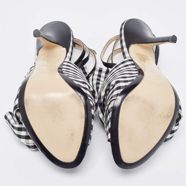 Pre Owned N21 Black/White Fabric Gingham Ankle Wrap Peep Toe Sandals Size 38.5