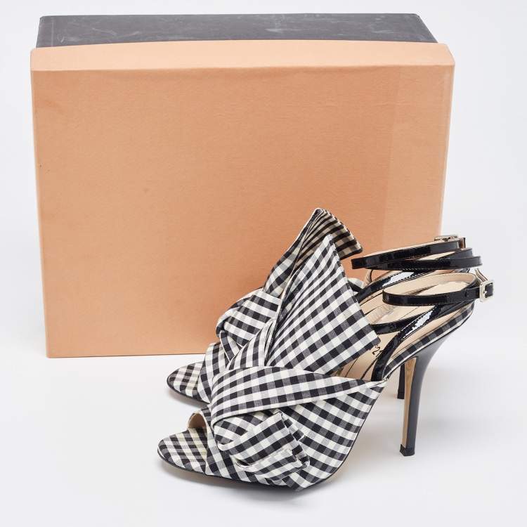 Pre Owned N21 Black/White Fabric Gingham Ankle Wrap Peep Toe Sandals Size 38.5