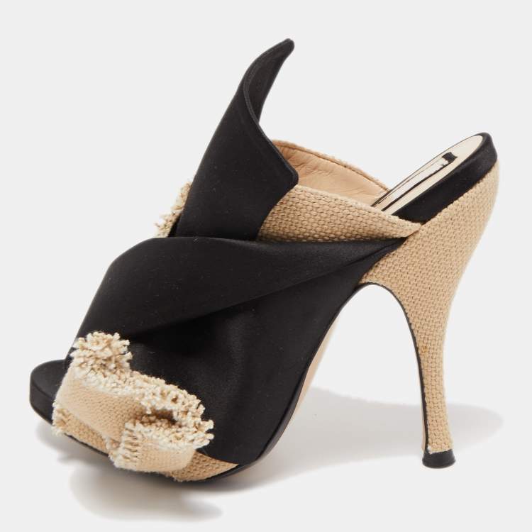 Pre Owned Nº21 Black/Beige Satin and Canvas Raso Knot Mules Size 36