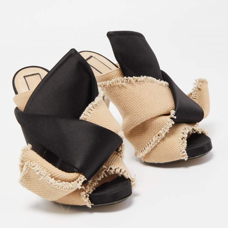 Pre Owned Nº21 Black/Beige Satin and Canvas Raso Knot Mules Size 36