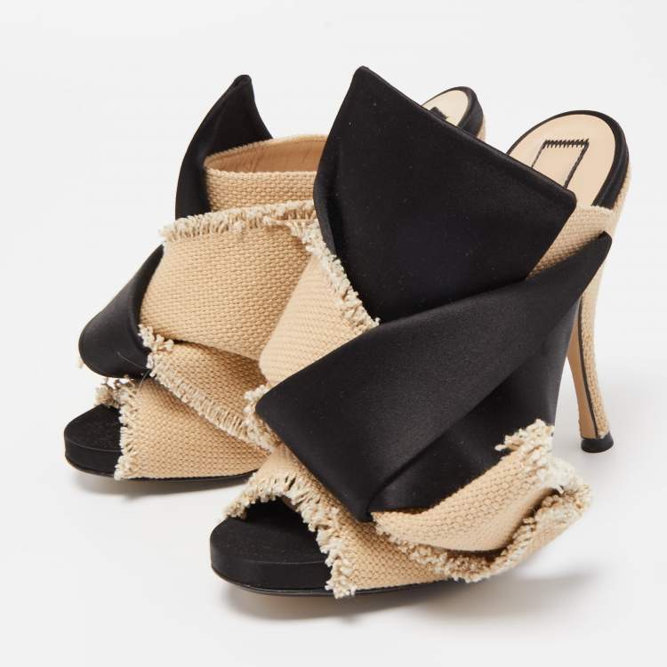 Pre Owned Nº21 Black/Beige Satin and Canvas Raso Knot Mules Size 36