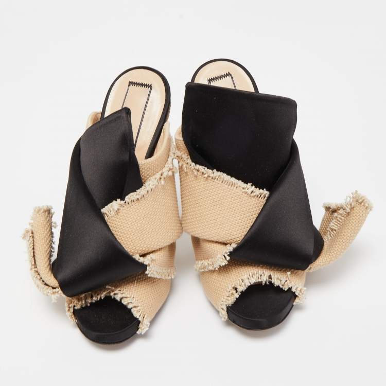Pre Owned Nº21 Black/Beige Satin and Canvas Raso Knot Mules Size 36