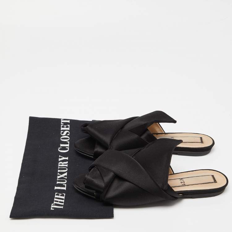 Pre Owned Nº21 Black Satin Raso Knot Peep Toe Flat Mules Size 38