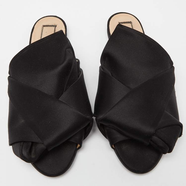 Pre Owned Nº21 Black Satin Raso Knot Peep Toe Flat Mules Size 38