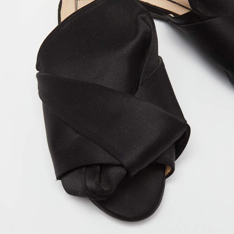 Pre Owned Nº21 Black Satin Raso Knot Peep Toe Flat Mules Size 38