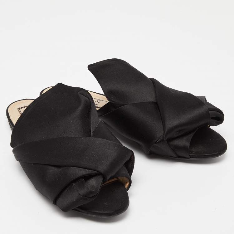 Pre Owned Nº21 Black Satin Raso Knot Peep Toe Flat Mules Size 38