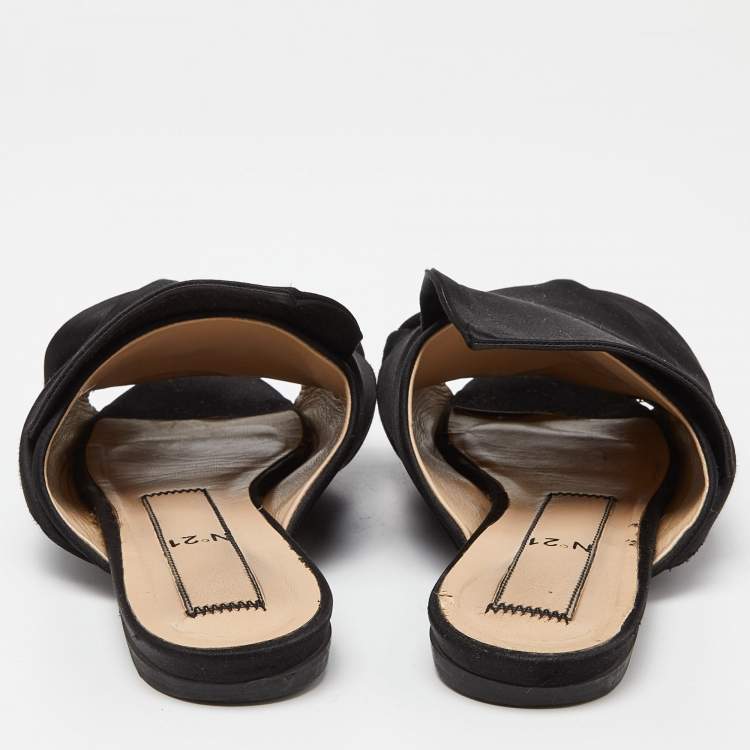 Pre Owned Nº21 Black Satin Raso Knot Peep Toe Flat Mules Size 38