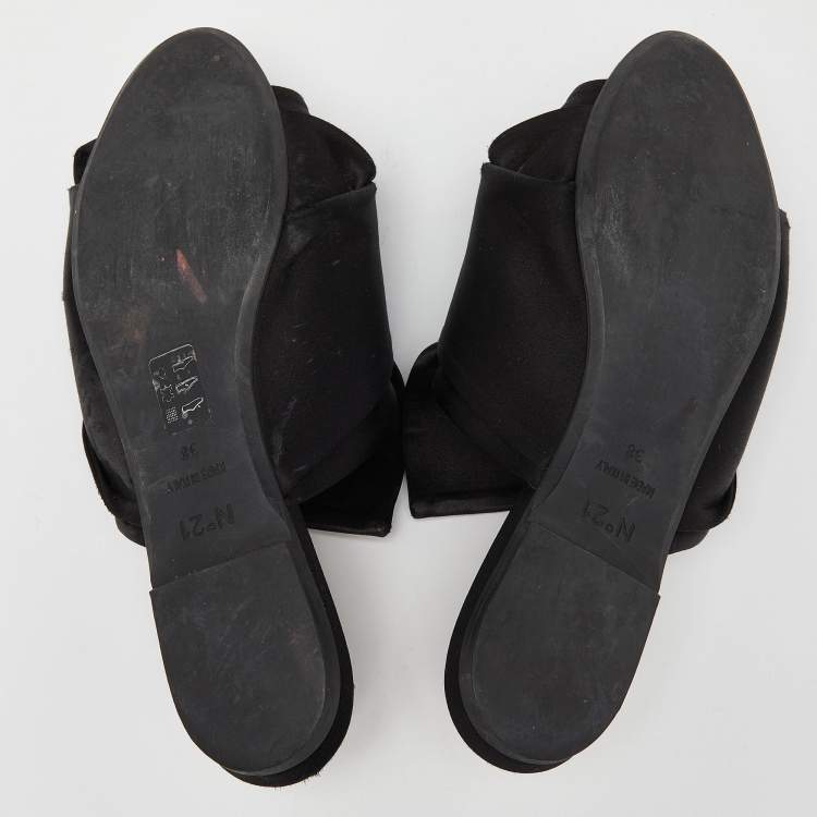 Pre Owned Nº21 Black Satin Raso Knot Peep Toe Flat Mules Size 38