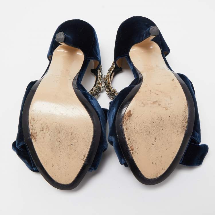 Pre Owned  N°21 Navy Blue Velvet Crystal Embellished Ankle Strap Sandals Size 36