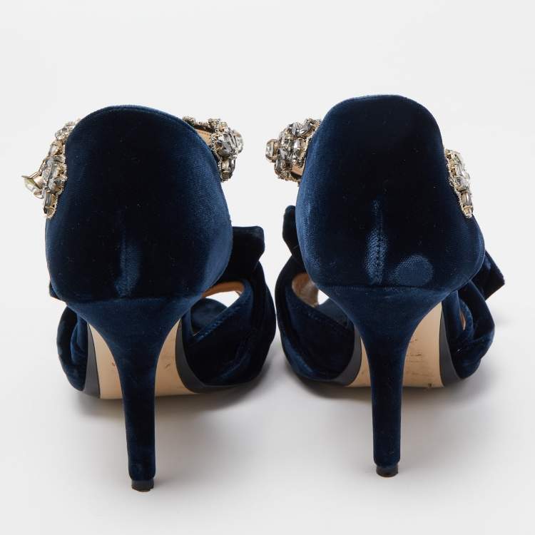 Pre Owned  N°21 Navy Blue Velvet Crystal Embellished Ankle Strap Sandals Size 36