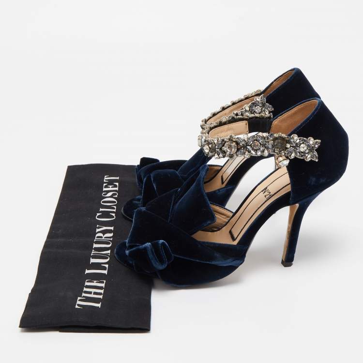 Pre Owned  N°21 Navy Blue Velvet Crystal Embellished Ankle Strap Sandals Size 36
