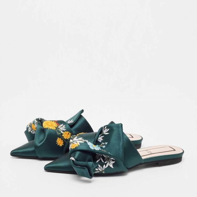Pre Owned N21 Green Satin Floral Embroidered Knot Flat Slides Size 36