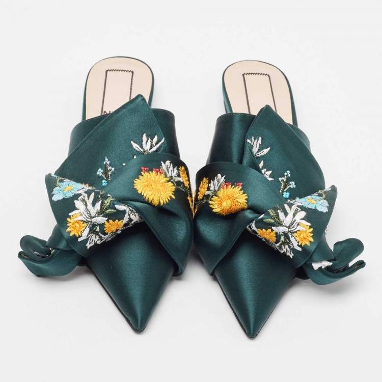 Pre Owned N21 Green Satin Floral Embroidered Knot Flat Slides Size 36