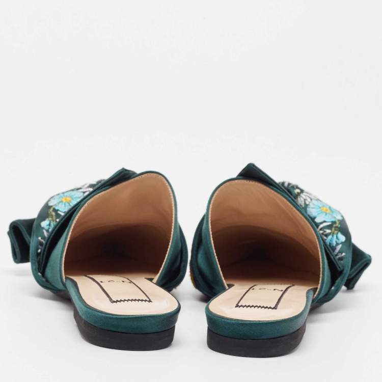 Pre Owned N21 Green Satin Floral Embroidered Knot Flat Slides Size 36