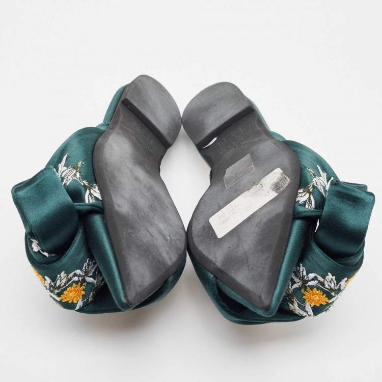 Pre Owned N21 Green Satin Floral Embroidered Knot Flat Slides Size 36