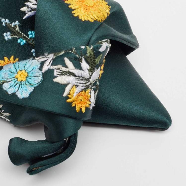 Pre Owned N21 Green Satin Floral Embroidered Knot Flat Slides Size 36