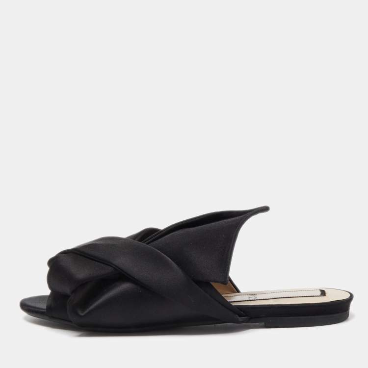 Pre Owned N21 Black Satin Raso Knot Peep Toe Flat Slides Size 39 
