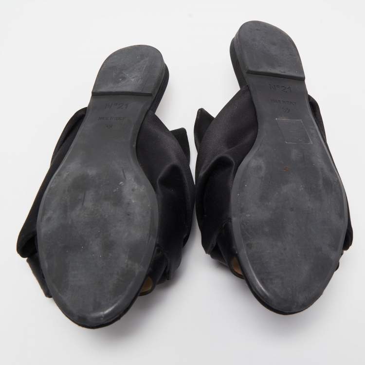 Pre Owned N21 Black Satin Raso Knot Peep Toe Flat Slides Size 39 
