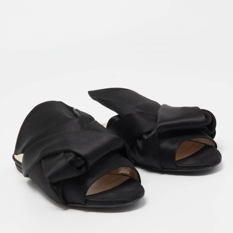 Pre Owned N21 Black Satin Raso Knot Peep Toe Flat Slides Size 39 