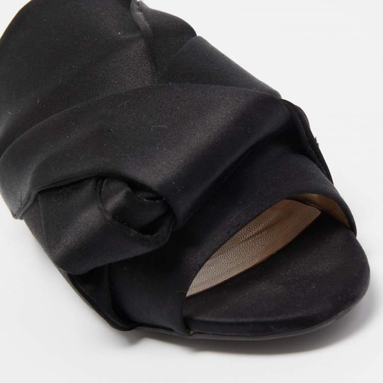 Pre Owned N21 Black Satin Raso Knot Peep Toe Flat Slides Size 39 