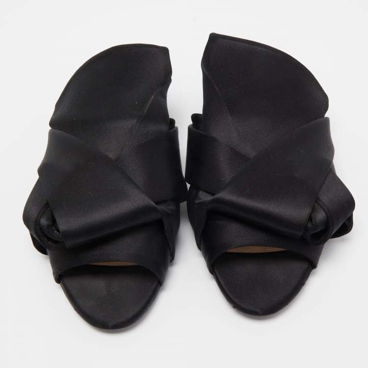 Pre Owned N21 Black Satin Raso Knot Peep Toe Flat Slides Size 39 