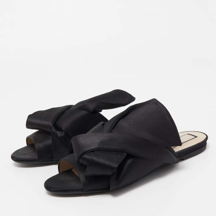 Pre Owned N21 Black Satin Raso Knot Peep Toe Flat Slides Size 39 