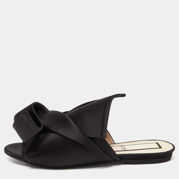 Pre Owned Nº21 Black Satin Raso Knot Flat Mules Size 38.5