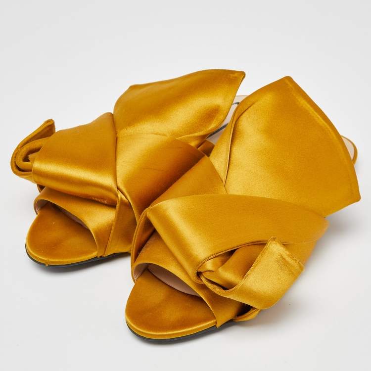Pre Owned N°21 Mustard Satin Knot Flat Mules Size 37