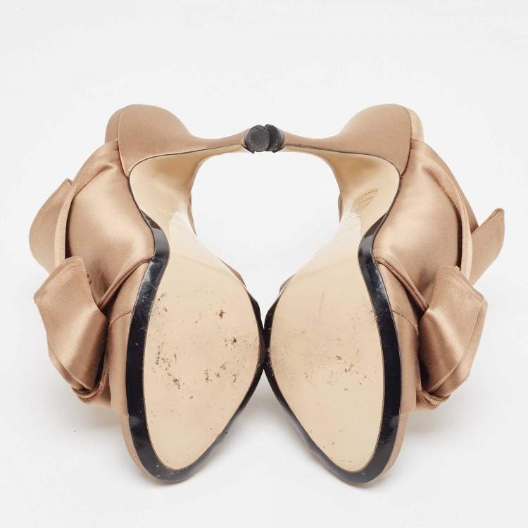 Pre Owned Nº21 Beige Gold Satin Raso Knot Peep Toe Mules Size 38.5
