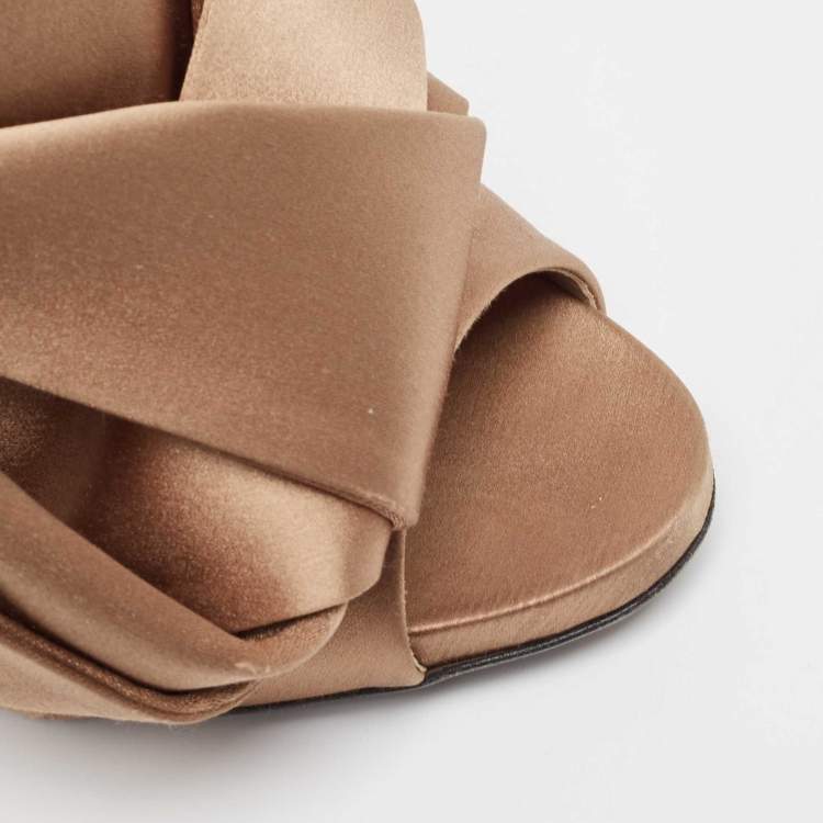 Pre Owned Nº21 Beige Gold Satin Raso Knot Peep Toe Mules Size 38.5